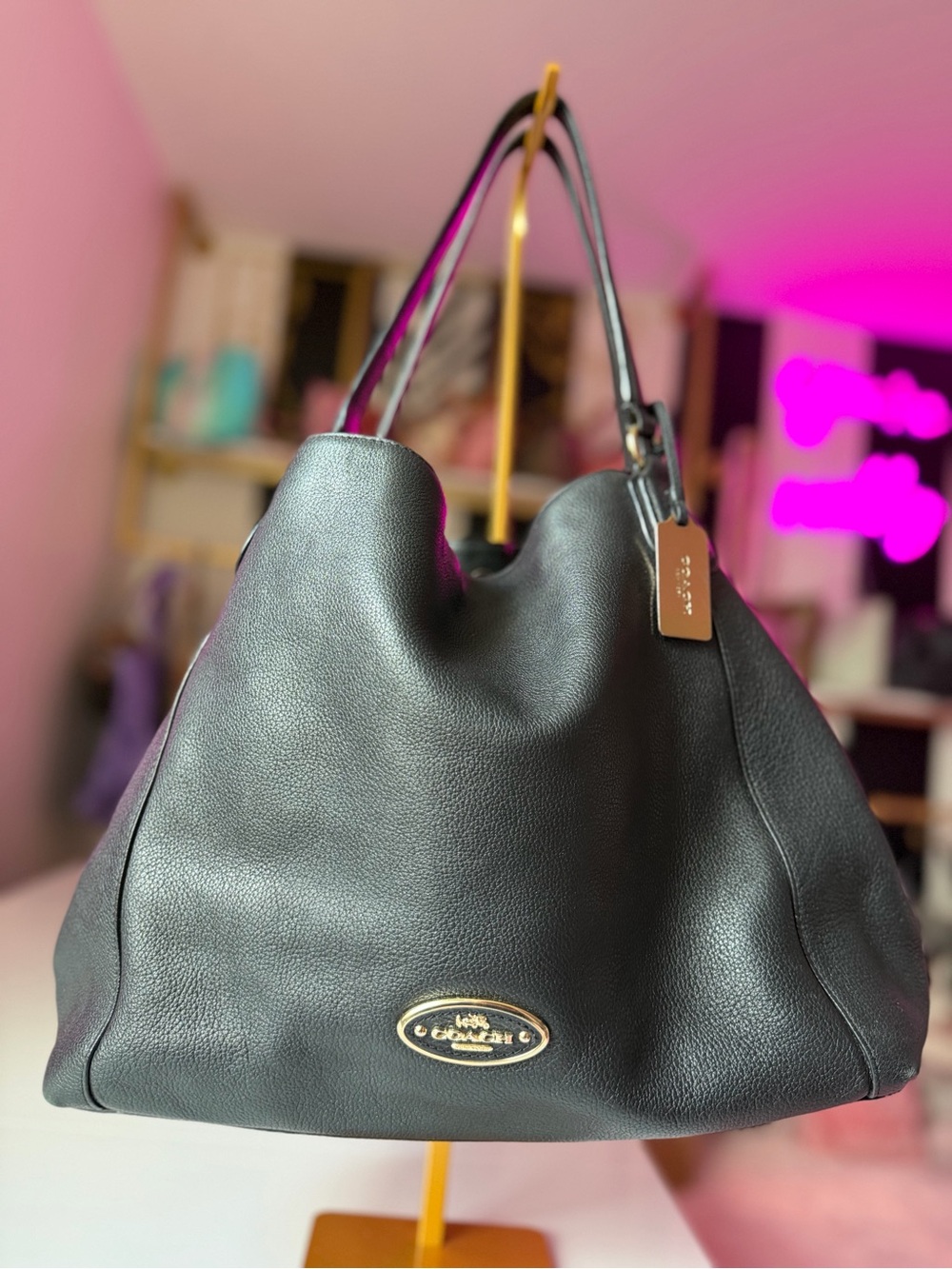 Coach Black Pebbled Leather Hobo Tote Shoulder Bag Gold Turnlock purse